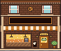 The café from the game in pixel art: a brick shopfront with a striped awning and a lit window.